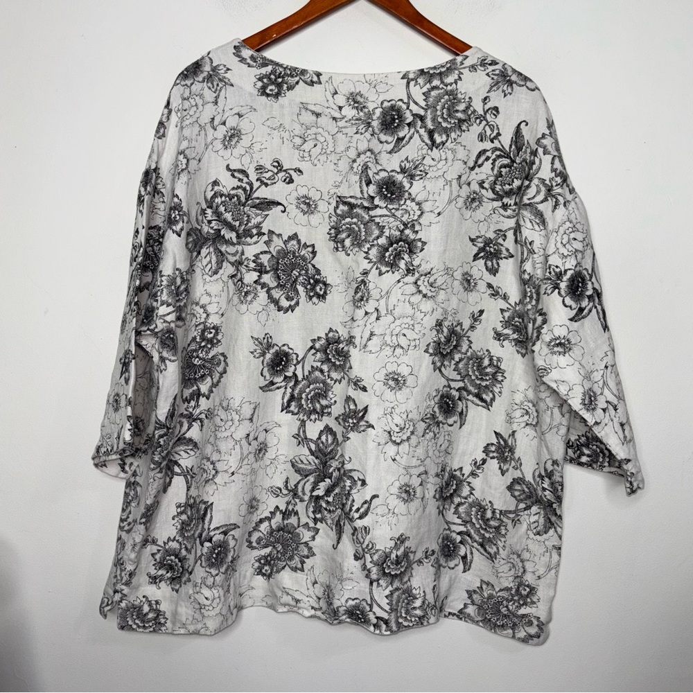 Bryn Walker Floral 3/4 Sleeve Oversized 100% Linen Shirt  XS Lagenlook USA